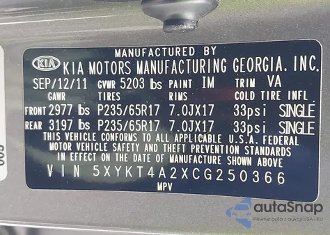 2012 Kia Sorento Lx V6 z USA, uszkodzony, nr VIN 5XYKT4A2XCG250366